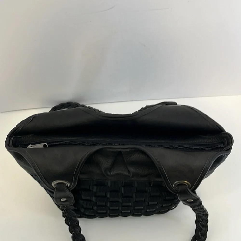 Longaberger Black Leather, Nylon & Wood Basket Weave Purse w/ Silver Tone Trim